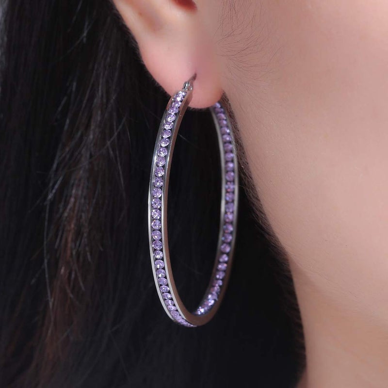 CiNily Purple Cubic Zirconia Stainless Steel Hoop Earring for Women Hypoallergenic Jewelry for Sensitive Ears Large Big Hoop Earrings 2" - Image 4
